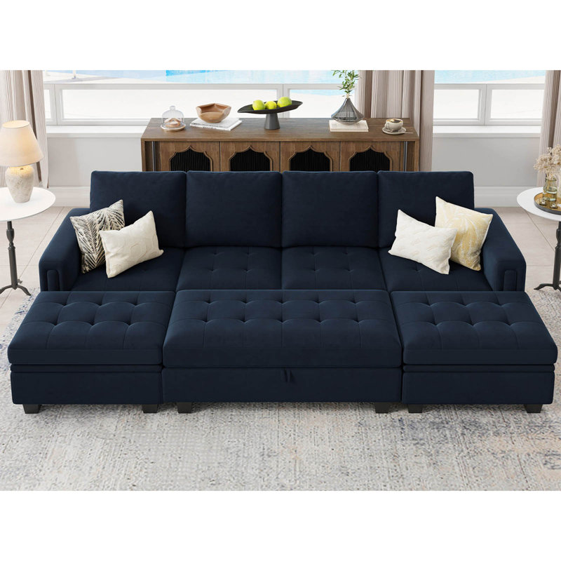 Canapé-lit modulaire réversible en velours Shavera, Bleu