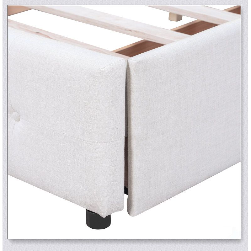 Lit plateforme tapissier avec tête de lit classique, 4 tiroirs et tissu en lin, sans sommier tapissier pour plus de confort et de style