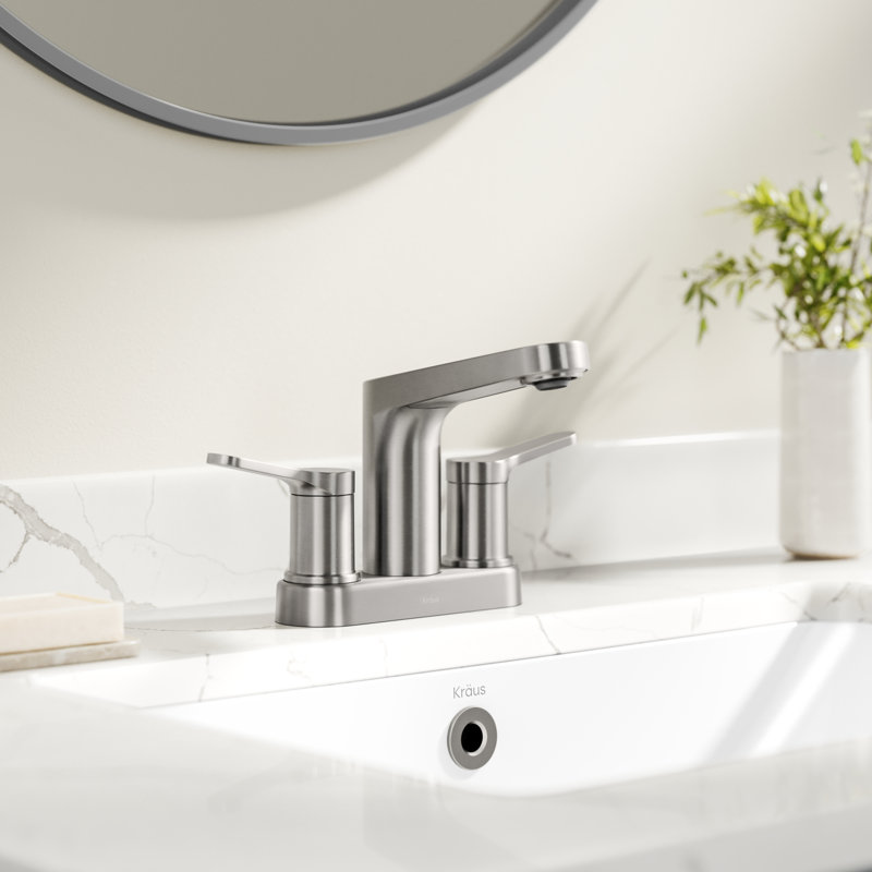 KRAUS Indy Centerset Bathroom Faucet With 2 Handles, Pop Up Drain And Supply Lines, Brushed Nickel