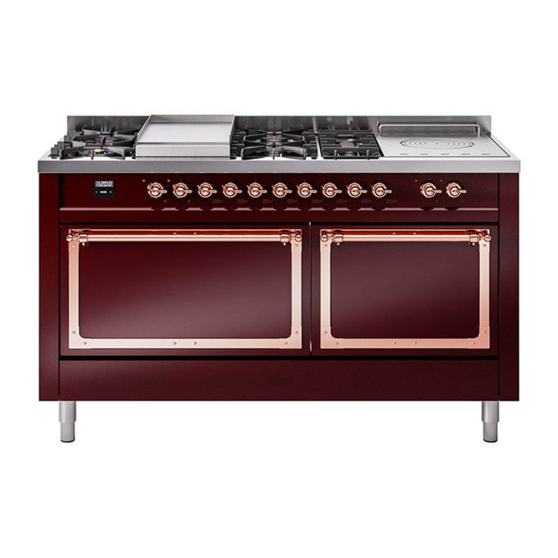 ILVE Nostalgie II Noblesse 60 in Dual Fuel Range 7 Burner, Griddle, Frenchtop, Liquid Propane, Burgundy/Copper