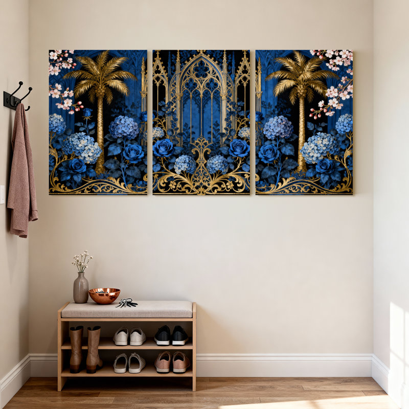 Plantes et fleurs, ensemble de 3 reproductions d'art sur toiles bleues, H 30 po x l 20 po
