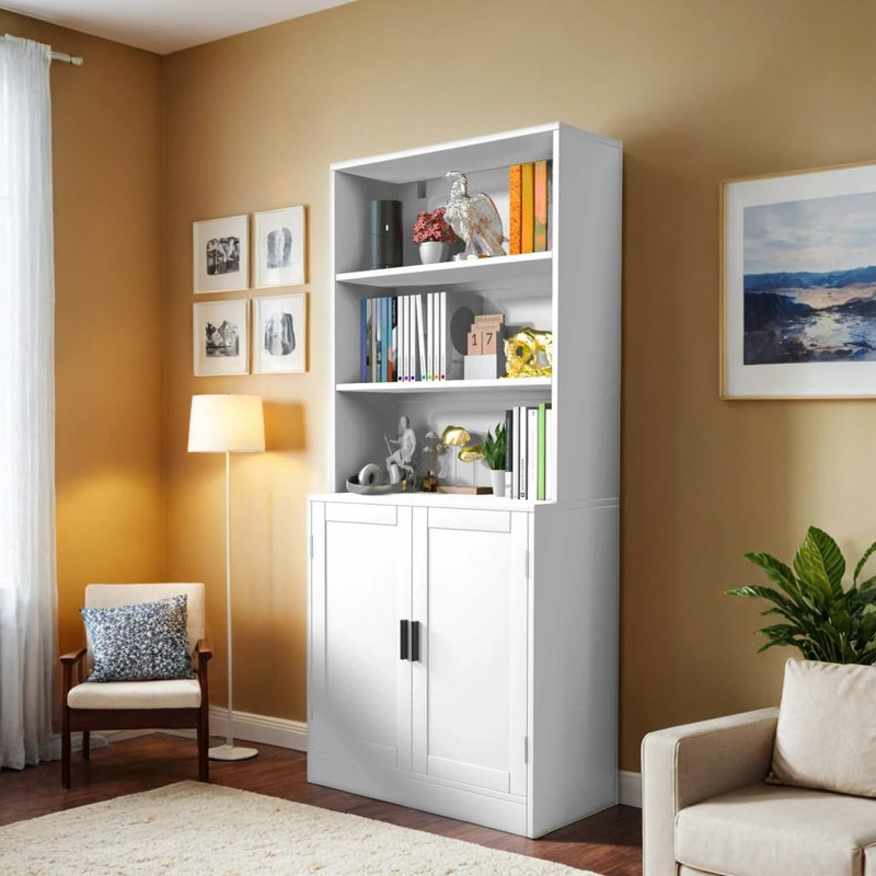75" Tall Bookcase With Doors, 5 Tier Large Bookshelf With Cabinet, Standing Wood Display Book Shelf For Living Room, Office, Library With Doors