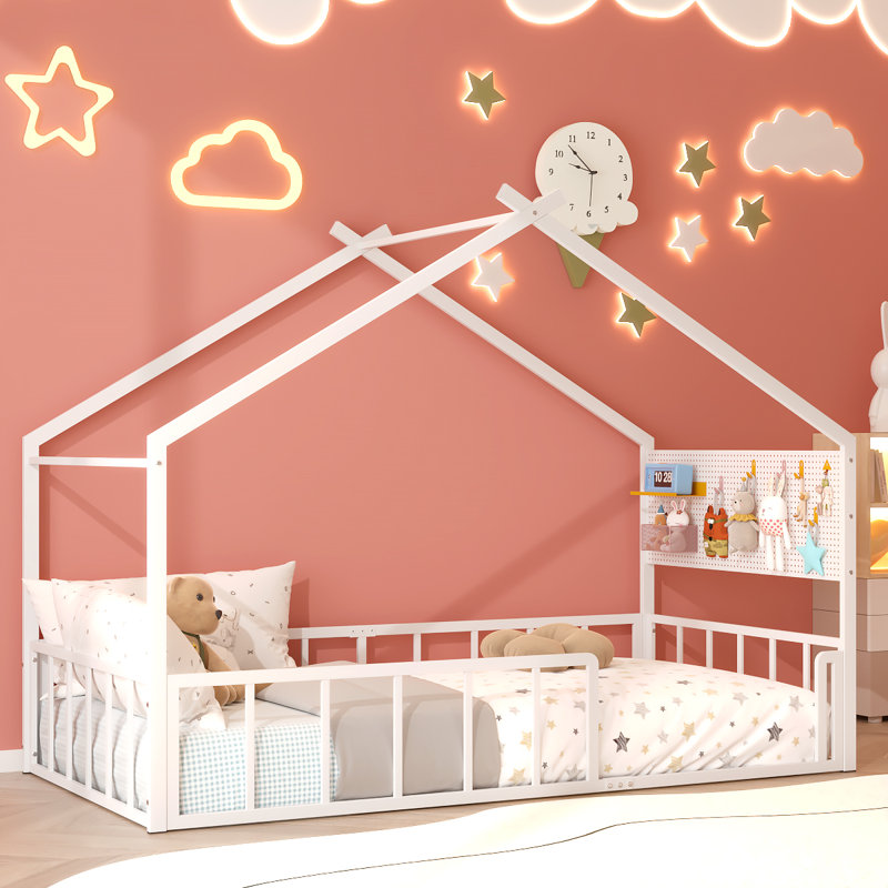 Twin Size Montessori Bed Metal House Bed With Storage Pegboard
