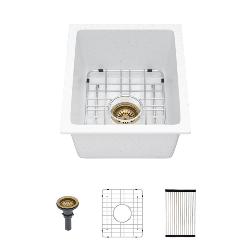 Évier de cuisine en quartz - Évier de cuisine à simple cuve en composite de granit blanc 14,82 po x 17,55 po x 8,38 po