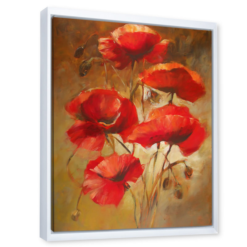 Red Blossoming Poppies IV - peinture sur toile, Toile blanche encadrée, H 40 po x l 30 po x P 1 po