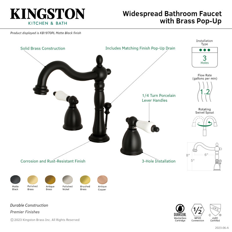 Kingston Brass Heritage Two-Handle 3-Hole Deck Mount Widespread Bathroom Faucet with Pop-Up Drain, Polished Brass