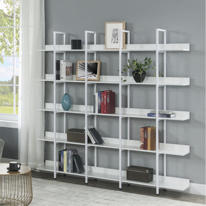 5 Tier Bookcase Home Office Open Bookshelf, Vintage Industrial Style Shelf With Metal Frame, MDF Board, White