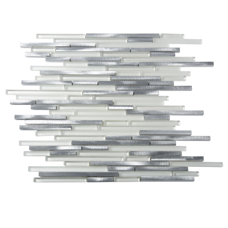 Waterfall Linear Glass And Metal Mosaic Tile, White/Silver