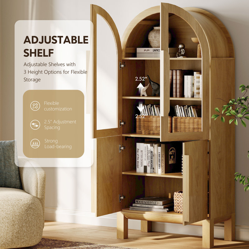 71"H Arched Bookshelf Set Of 2, Modern 5 Tier Bookcase With Cabinet, Wooden Display Cabinet With Glass Doors And Adjustable Shelves, Versatile Bookshelf For Living Room, Study, Office