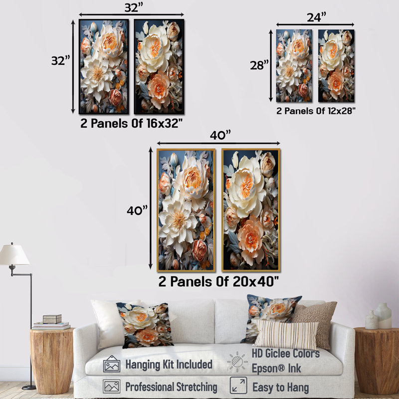 Ensemble de 2 reproductions d'art sur toile Beige, Cadre blanc, H 28 po x l 25 po