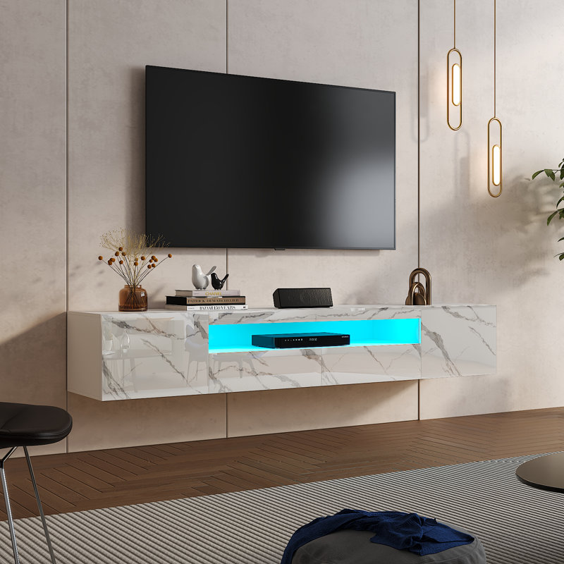 High Gloss TV Stand with Storage to 80'', Floating Entertainment Center with LED for Living Room, White Marble