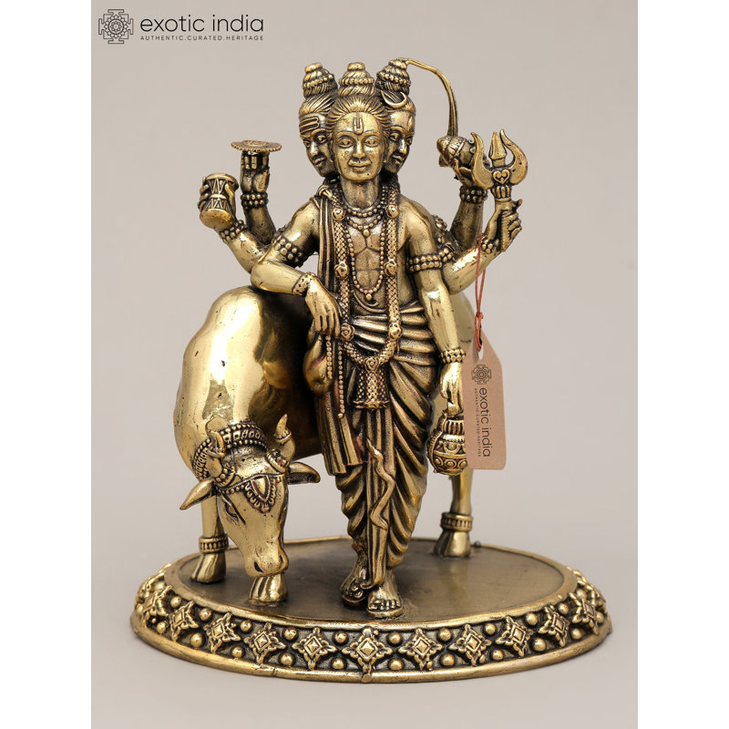 Petite statue en laiton de seigneur Dattatreya avec vache