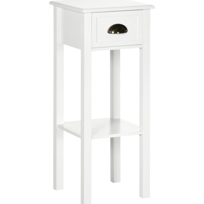 White 2 Side Table With Drawer. Increases Storage For Magazines, Plants. Chic End Living Room, Bedroom. Made Of Stability. Has Toppling Function. Elevated Base Prevents Water Damage. Size: 11.75" L X