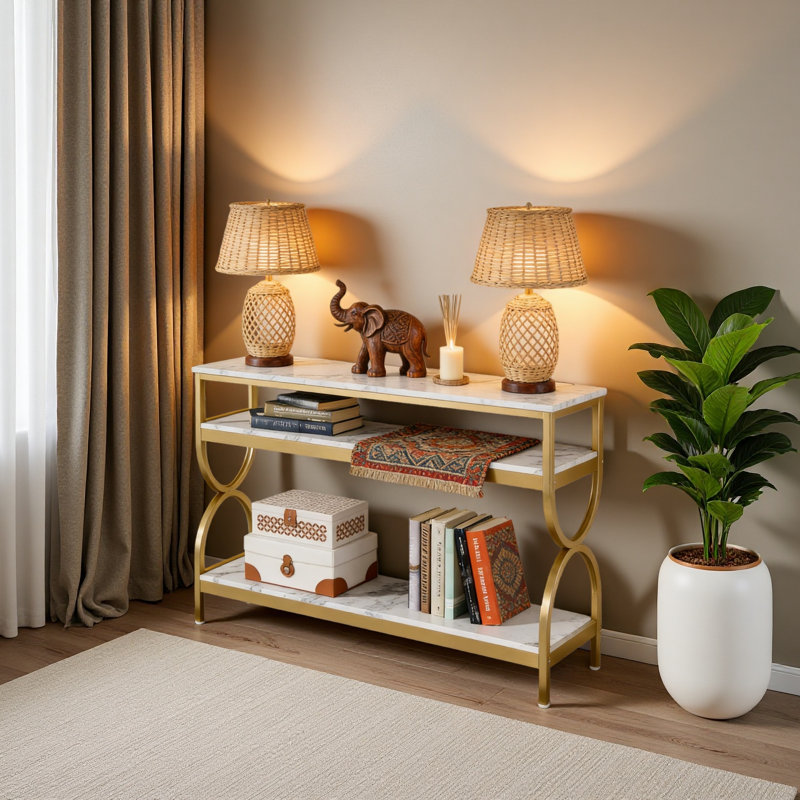 Faux Marble Sofa Table,3-Tier Bedside Table,Console Table,Foyer Table
