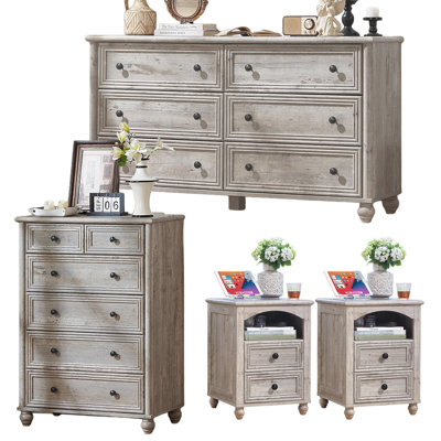 4-Piece Farmhouse Bedroom Furniture Set with Dresser and Nightstands, Wood Storage Cabinet Set with Charging Station and Roman Column Design for Bedroom and Living Room