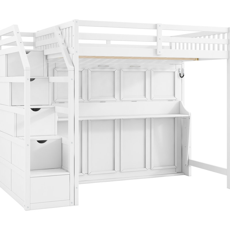 Lit mezzanine double blanc avec escalier de rangement, lit pliable, éclairage à DEL et garde-corps de grande capacité