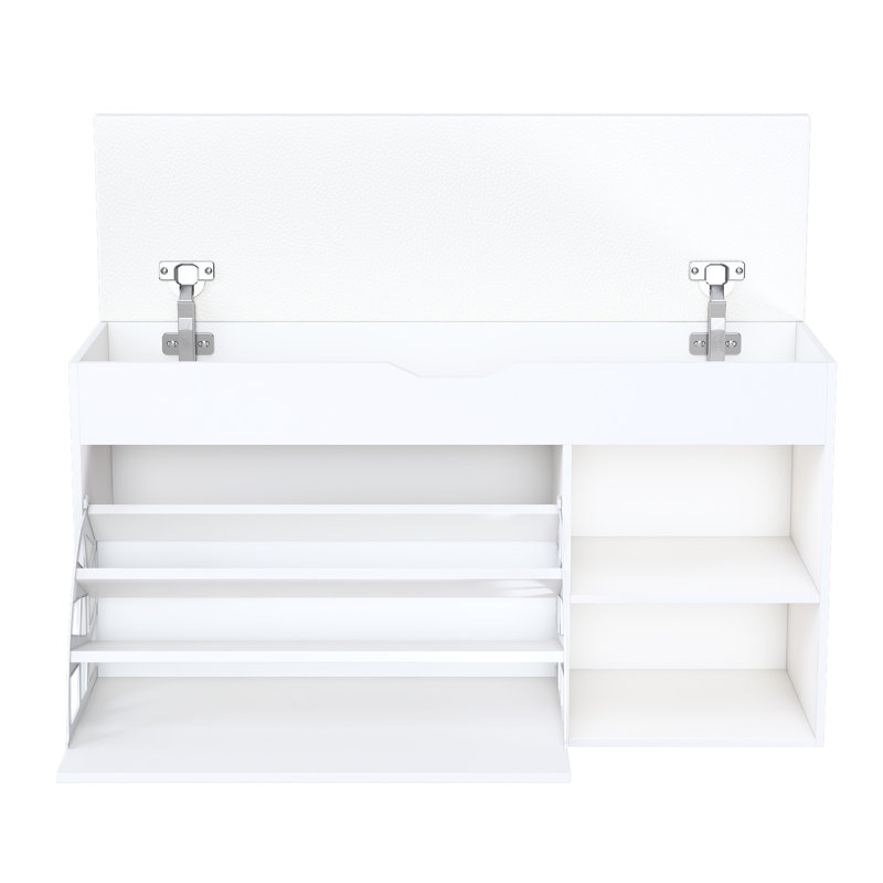Banc d'entrée avec rangement pour chaussures, 3 tiroirs rabattables, armoire cachée, support rotatif, triple compartiment relevable, coussin imperméable et confortable pour le couloir, blanc