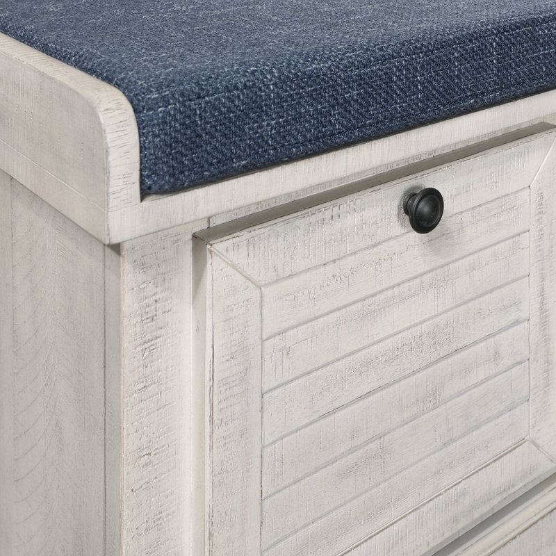 Banc de rangement à couvercle rabattable Almira, Blanc, Bleu marine