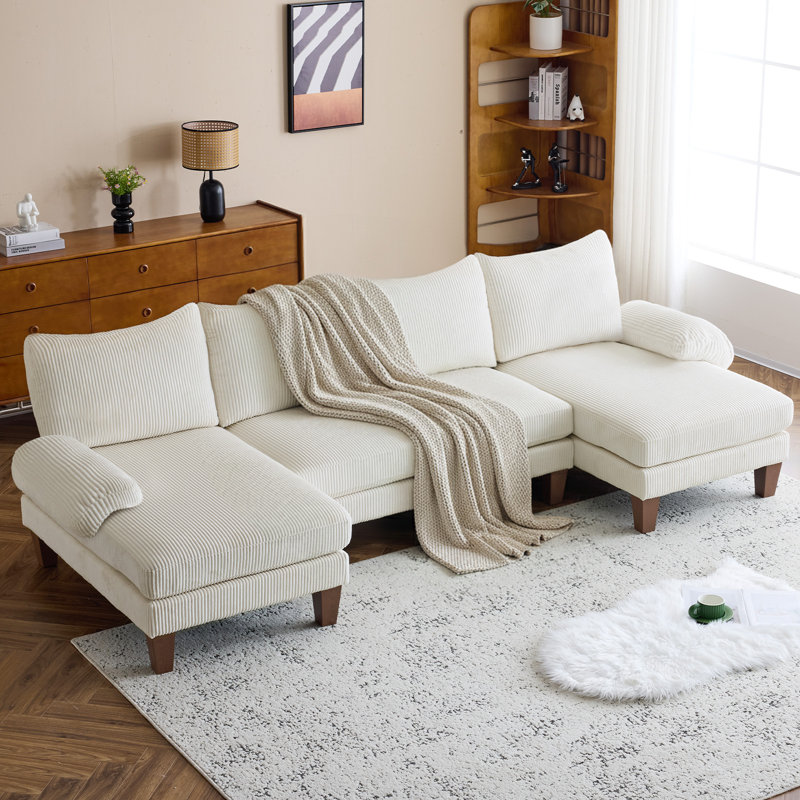  110 In. Pillow Top Arm U-Shaped Sectional Sofa, Beige Corduroy