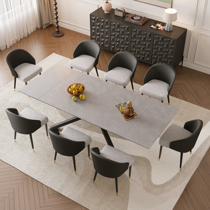 Mahjabin 9 - Piece  Dining Table Set 102.36'' Extendable Sintered Stone Table and 8 Faux Leather Chairs, Gray, Black/Gray