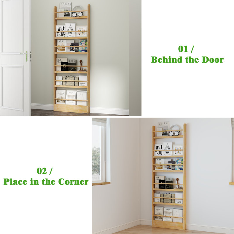 6 Tier Narrow Wooden Bookshelf, Freestanding Slim Storage Rack for Living Room & Bedroom & Study room