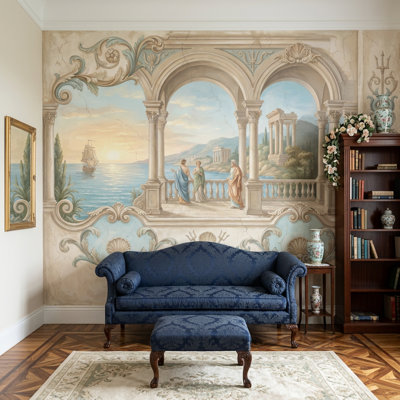 Classical Landscape Mural Wallpaper Mediterranean Coast Roman Arches And Columns Wall Mural