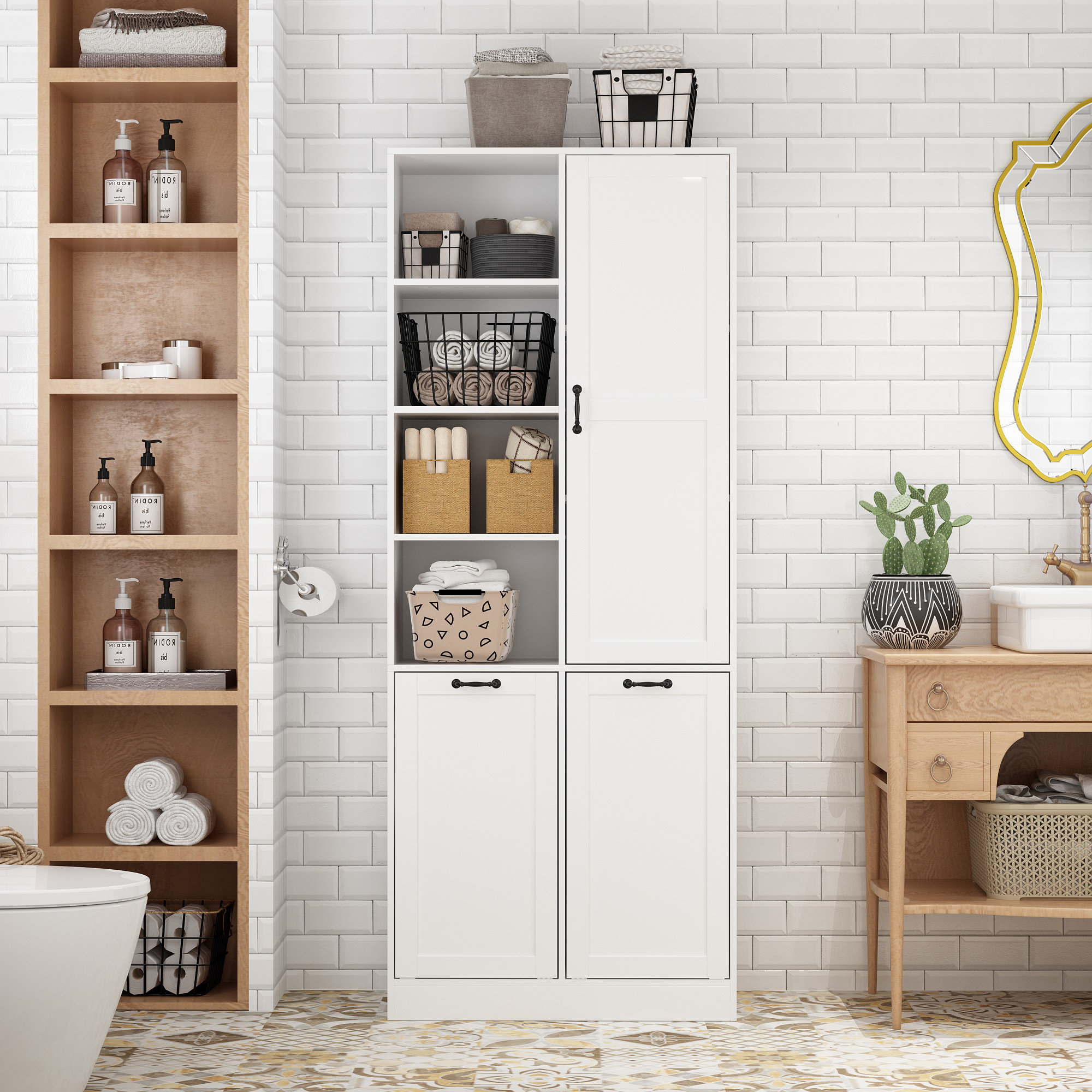 Latitude Run® Bathroom Linen Cabinet With 7 Shelves And 2 Dirty Clothes Baskets | Wayfair