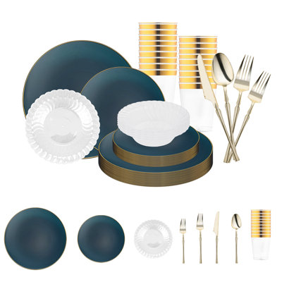 Service de table jetable en plastique biologique bleu marine et or - 120 couverts