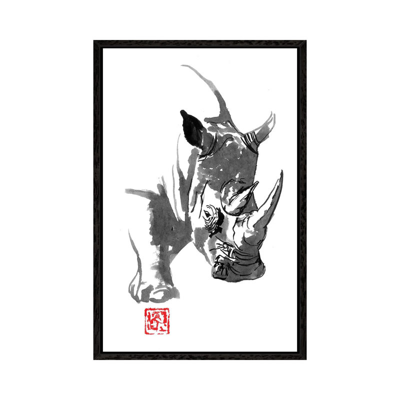 Rhino by Péchane - Painting on Canvas, 152.5 cm H x 101.5 cm W, Black Framed