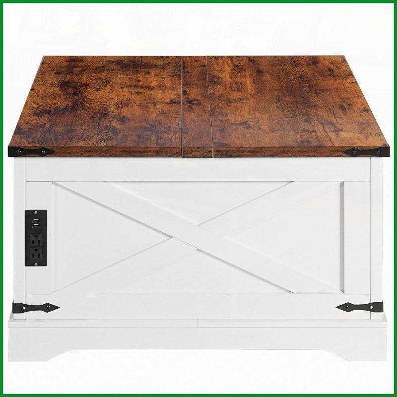 Table basse à plateau relevable 35,4 po Vintage White avec chargement intégré et rangement dissimulé pour le salon