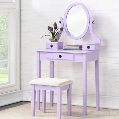 Table de coiffeuse et tabouret rembourré en bois mauve avec miroir de rangement à 3 tiroirs