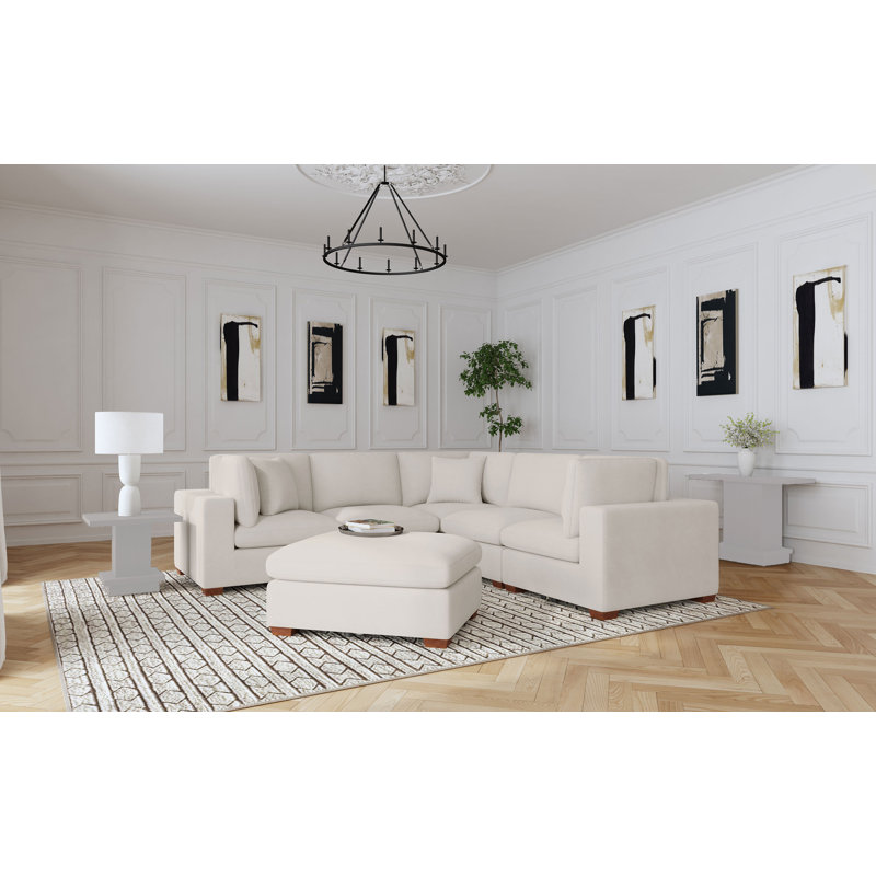 Jenette 6-piece Modular Sectional With Ottoman, Ivory Chenille, Oak