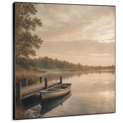 Très grande reproduction d'art sur toile - Scène de lac brumeux avec quai en bois et barque pour le salon ou la chambre à coucher - «Assemblage requis du cadre (cadre non fini)»