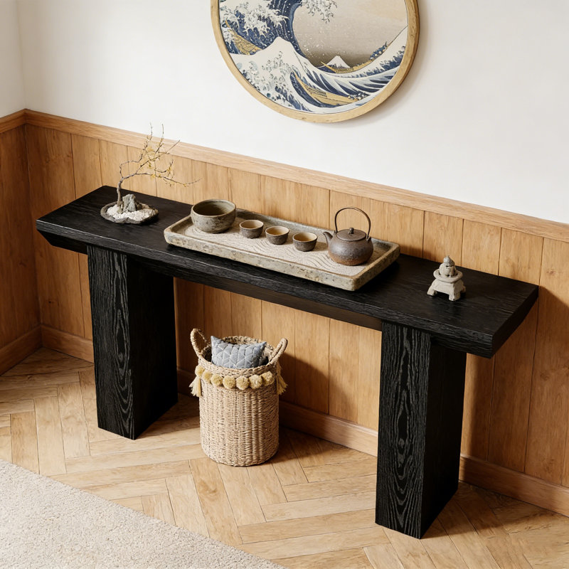 Console de style campagnard industriel de 63 pouces avec rangement à deux niveaux et conception triangulaire inversée pour un vestibule ou derrière un canapé.