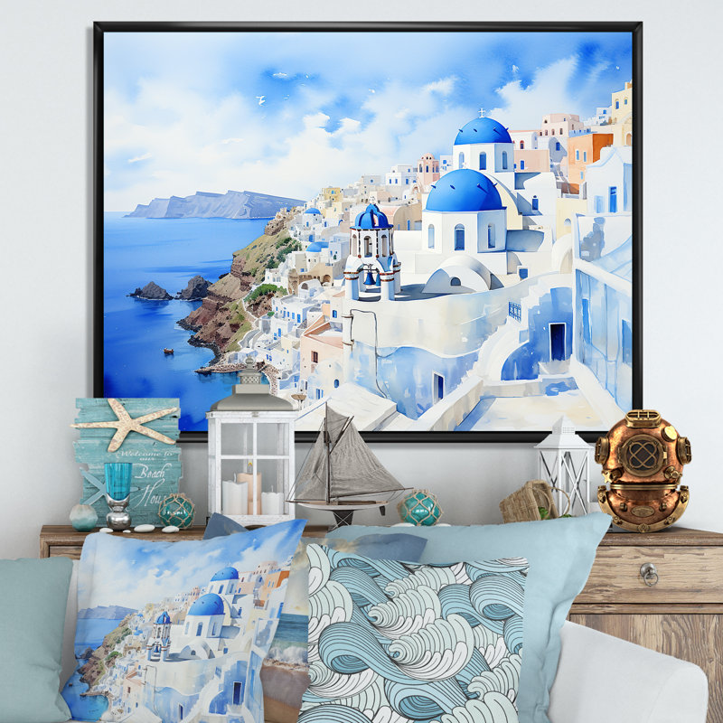 Art mural bleu et blanc Santorini III - Grèce, Cadre flottant noir, H 34 po x l 44 po x P 1,5 po