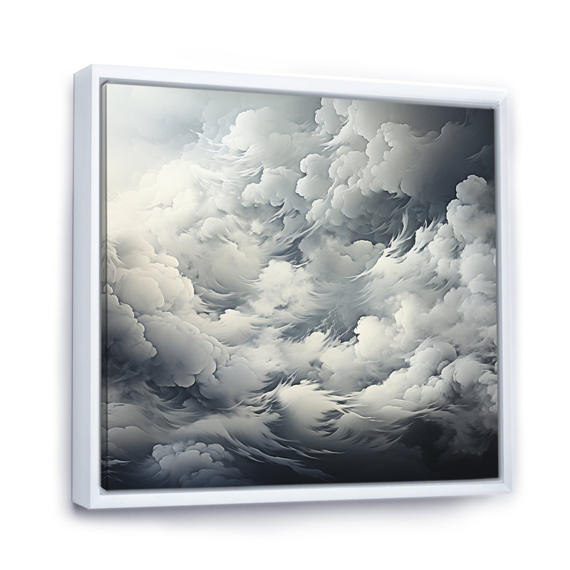 Tempête de nuages noirs et blancs sur toile, Cadre flottant blanc, H 36 po x l 36 po x P 1,5 po