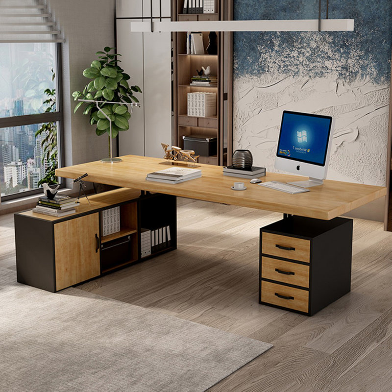 Bureau Burlywood + bois rectangulaire noir + fer avec bureau à 3 tiroirs, H 29,53 po x l 62,99 po x P 55,12 po