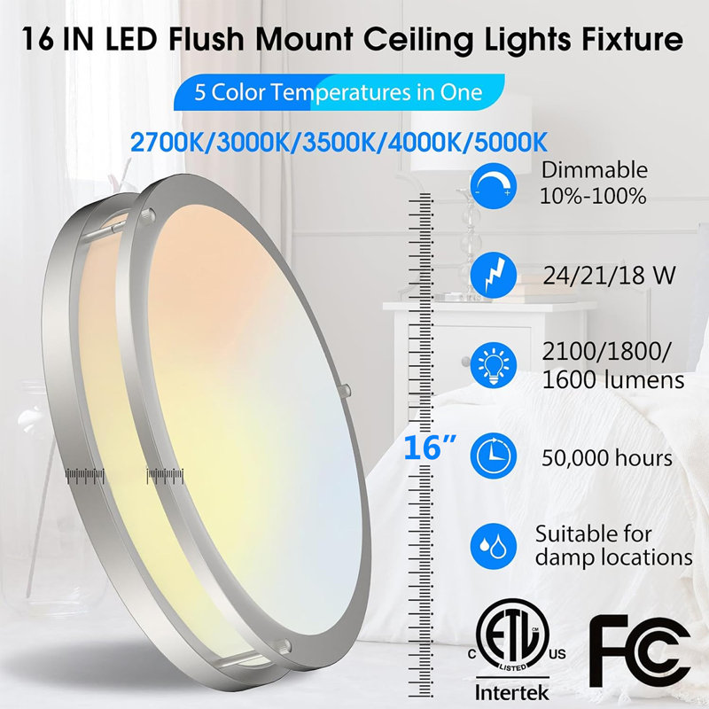 Nasheena 16 in. Brushed Nickel Round Double Ring LED Flush Mount Dimmable Ceiling Light Watt Selectable 5CCT