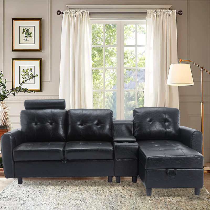 Upholstered L-Shaped Sectional Right Hand Facing, Black  Genuine Leather