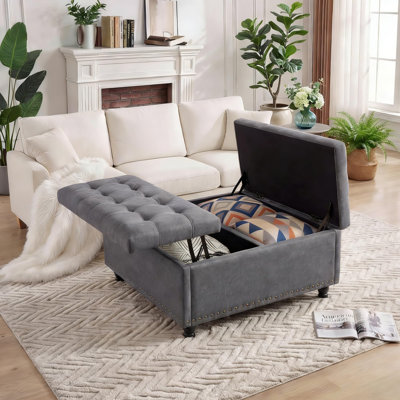 Grand repose-pieds de rangement carré de 35,4 po GarveeHome, table basse rembourrée d'apparence lin avec plateau rabattable, pieds en bois d'hévéa, banc de bout de lit pour le salon, gris