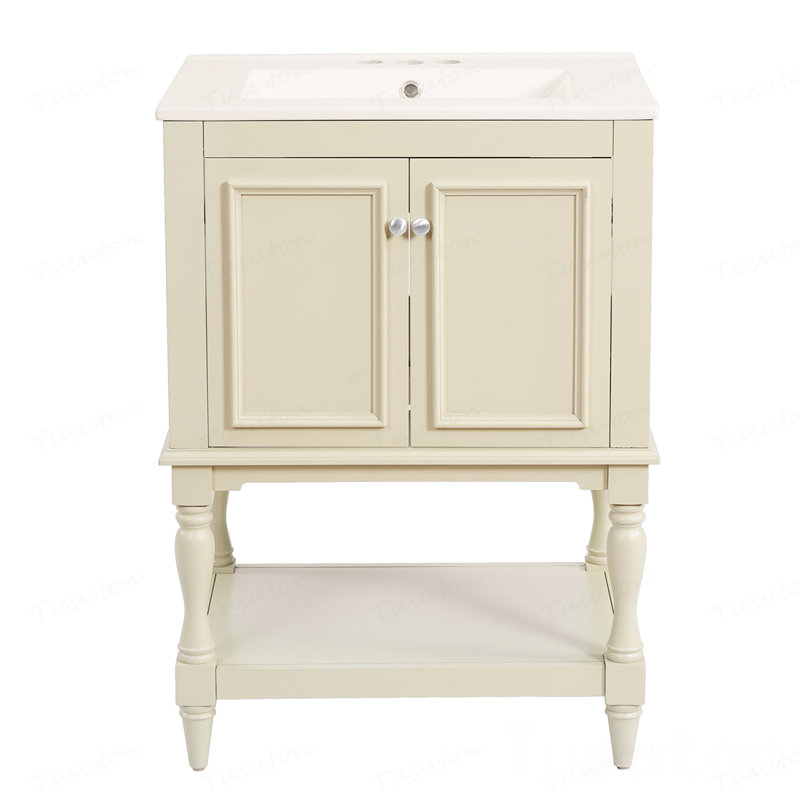 Meuble-lavabo de luxe moderne 24 po avec lavabo en céramique, armoire de salle de bain avec tablette ouverte et rangement fermé