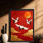 «Black Cranes Vintage Cranes» déploient leurs ailes et volent - longévité et bon augure, reproduction d'art encadrée de style rétro-14677846
