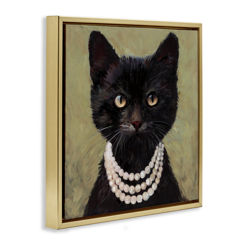 Élégant cadre de chat noir avec collier flottant, design par Wani Pasion, H 25 po x l 25 po, Cadre flottant métallique doré