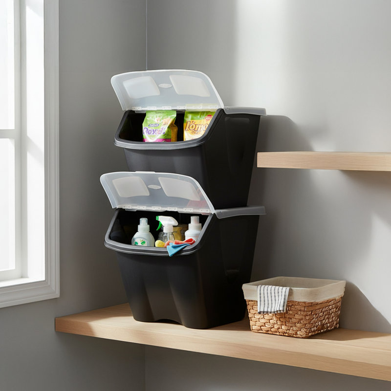  10 Gallon Stackable Shutter Bin with Flip Lid Plastic Storage, Black