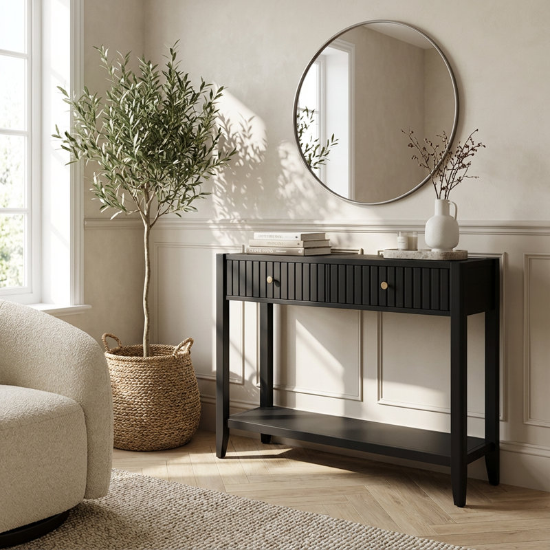 Table de canapé étroite avec tiroirs de rangement et tablette, console d'appoint en bois