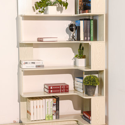Bibliothèque de coin autoportante de 90 cm (35,43 po) pour le salon, la chambre à coucher, le bureau personnel, la bibliothèque en bois avec panneau anti-chute et dispositif anti-basculement, Vitrine de rangement ouverte