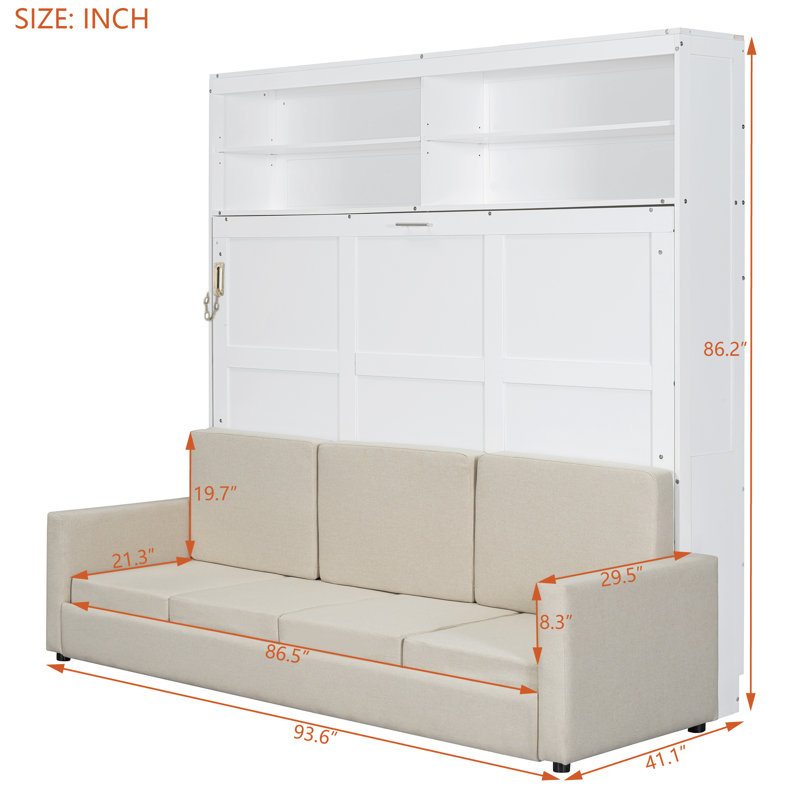  Grand lit escamotable mural avec canapé et tablettes de rangement, lit escamotable peu encombrant, blanc, Blanc