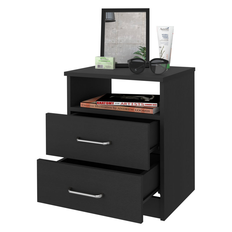 Table de chevet, deux tiroirs, une tablette, Noir