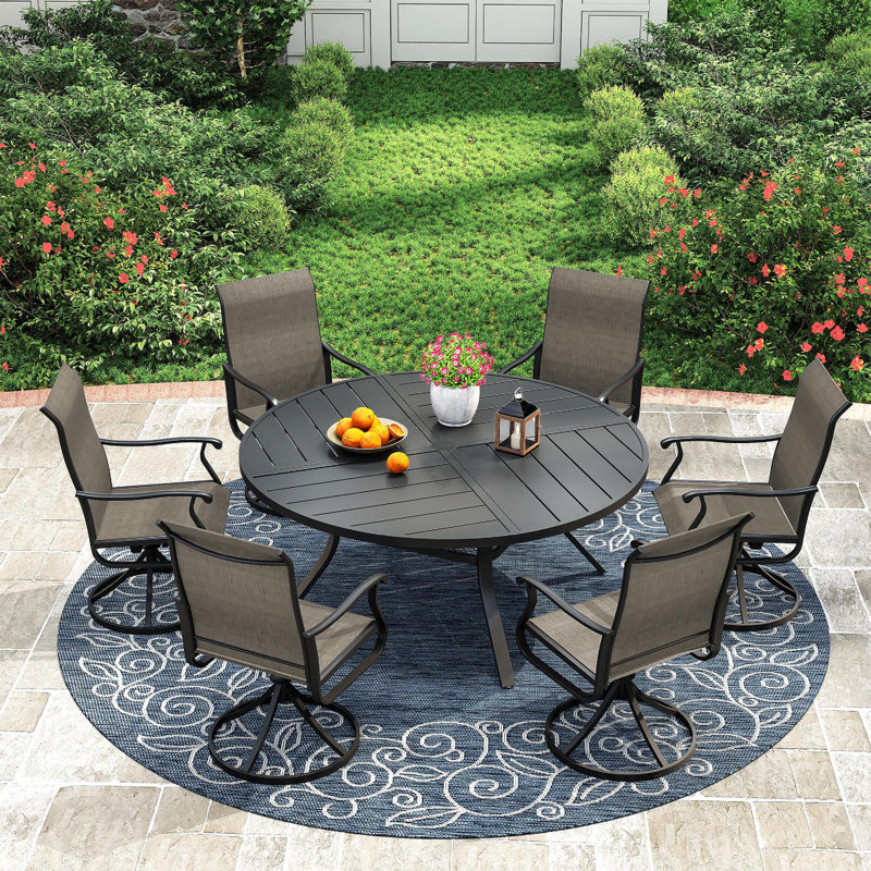 Outdoor Patio Dining Set - 53” Round Table with Umbrella Hole + 6 Swivel Chairs, Black/Brown 