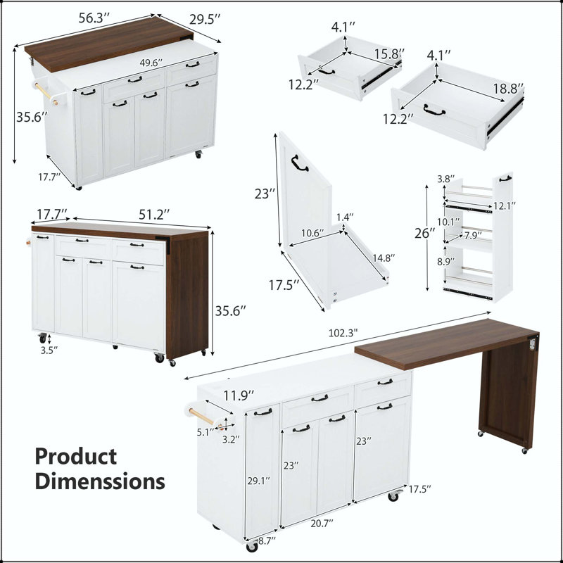 102.3" Kitchen Island with Extendable Dining Table and Trash Can Cabinet – White, White
